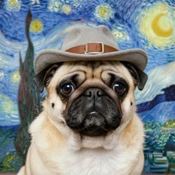 a pug wearing a hat, van gogh