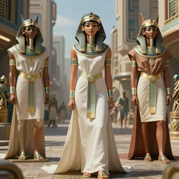 costume design from ancient egyptian designers, sophisticated composition, old masters light composition, procedurally generated, epic maid girl character posing for concept art, futuristic city streets behind her, substance designer, PBR, HD, Ultra detailed, hyperrealistic, megascans, volumetric light, concept by master artist, made in paint tool SAI2, trending pixiv face