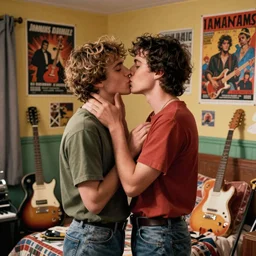 two young men kissing in a messy 80s bedroom interior, tons of musical instruments and band posters, warm soft lighting, colorful hyperrealistic surrealism, award winning masterpiece with incredible details, trending on ArtStation, artgerm and greg rutkowski and alphonse mucha, daily deviation, IAMAG