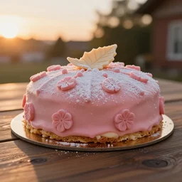 A photo of a swedish cake from the side on a wooden table, covered with pink marzipan, some powder sugar and a marzipan leaf. Sunset. 4K. Cinematic lighting. High detail. Realistic. Delicious.
