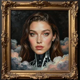 an ornately framed portrait painting of a robot woman surrounded by beautiful clouds, gigi hadid!!!, detailed beautiful eyes!!, pulp sci - fi art for omni magazine, high contrast, dark background, baroque period, oil on canvas, renaissance masterpiece. trending on artstation. retrofuturism.