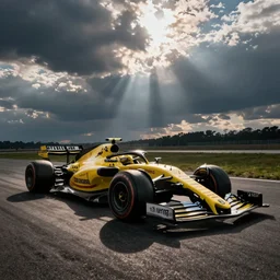a photograph of a formula one car sponsored by a banana company, wide angle lens, fujifilm, 24mm, fuji velvia, dramatic lighting