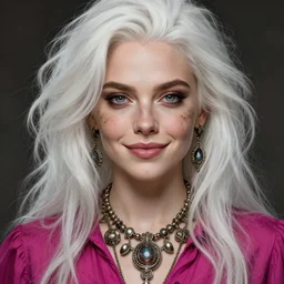Cara Delevigne, white hair, magenta shirt, gentle smile, beautiful detailed eyes, dirty, fantasy, intricate, rough, highly detailed, digital painting, 4k, HDR, concept art, detailed jewelry, smooth, sharp focus, illustration, art by Artgerm, H R Giger and Alphonse Mucha