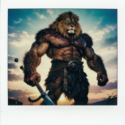 muscular oversized lion animal as barbarian hunter covered in blood with weapon and anthropomorphic human oversized mutant proportions and very hairy body , backlight  body , extreme very textured detailed panoramic polaroid photograph, silhouette over sunset, dramatic clouds and cyan atmosphere