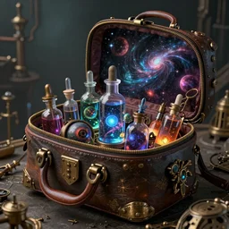 in a  steampunk futuristic setting, , a surreal ancient doctor's bag open with  ampoules inside that contain universes, space storms and alien worlds.full of details, hyper realistic, trending on artstation, 8K, HD