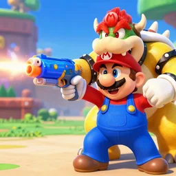 mario shooting bowser with a nerf gun