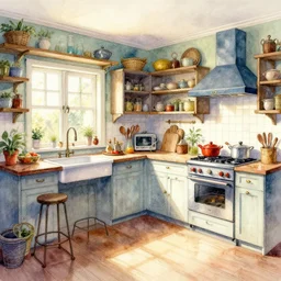 a hiper intricate watercolor of a beatiful kitchen, extremely detailed, sharp focus, wide view, smooth, digital illustration, colorfull, by william turner art, by greg rutowski, by carl larson, by edmund dulac