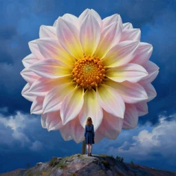 closeup giant dahlia flower over the face, girl standing on mountain, surreal photography, blue storm clouds, dramatic light, impressionist painting, digital painting, artstation, simon stalenhag