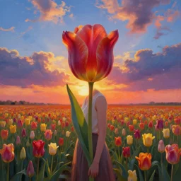 girl with singular giant tulip as a head, surreal photography, flower field, sunset dramatic light, impressionist painting, colorful clouds, blue sky, digital painting, artstation, simon stalenhag