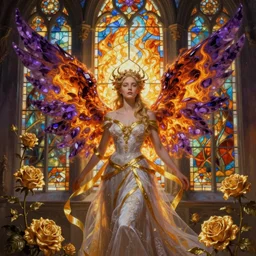 breathtaking detailed soft painting of a fairy bride with fire amethyst wings and golden ribbons in gondor, art nouveau golden rose flowers floating around, rembrandt style, hyper detailed fire stained glass windows, volumetric lighting, concept art, matte, sharp focus by Tom Bagshaw, Rebecca Guay and Greg Rutkowski