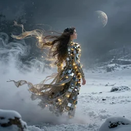streams of smoke and snow swirl hide the view of a woman wearing clothes made of computer chips, swirling flashes of gold and silver light, wind - blown sheets, cinematic lighting, fantasy painting, distant planet