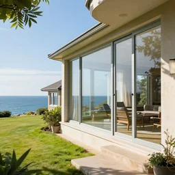 An ocean view contry house with large glass windows, realistic photo, well detailed, 8k