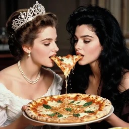 a historical portrait photo of two young women sharing a pizza margherita, one woman is queen margherita of savoy with tiara and pearl necklace, one woman is sophia loren with black flowing hair, smooth lighting, masterpiece, timeless, photography by letizia battaglia