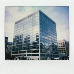 A large parked commercial building in downtown New York, 25 floors, glass, earthquake proof, 60s, polaroid, photography