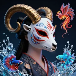 3 d diosa primer plano retrato de perfil ruso con craneo de carnero. hermosa mascara de kitsune de cuervo japones intrincadamente detallada y kimono japones clasico. pez betta, medusa fenix, bioluminiscente, plasma, hielo, agua, viento, criatura, obra de arte por diente wu y wlop y beeple y greg rutkowski