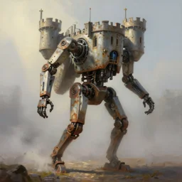 a walking mechanical castle mounted on mechanical legs, rust, hyperrealistic, highly detailed, cinematic, single ray of sun, fog, beautiful, cgssociety, artstation, 8 k, oil painting