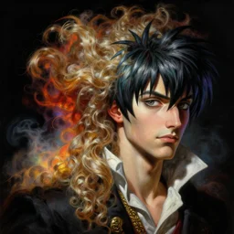 a baroque neoclassicist close - up of george joestar mixed with simon belmont, glorious hair, head on, detailed textures, glowing colorful fog, black background, highly detailed fantasy painting by moebius, norman rockwell, frank frazetta, and syd mead, rich colors, high contrast, artstation