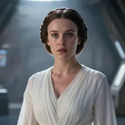 film still of!!!! millie bobby brown!!! as princess leia in a white dress in star wars movie, closeup portrait, exploring interior of a spaceship, glamour pose, dramatic lighting, octane, mist, volumetric lighting, 8 k