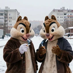 Chip and Dale smoking cigarettes, winter, soviet Plattenbau houses at the background, realistic photo, 4k, photorealistic
