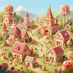 Hyper detailed illustration of Small little village made of candy, fantasy art