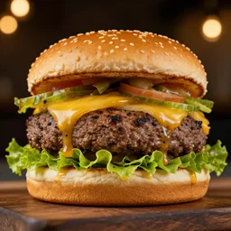 big juicy burger, depth of field, food photography, uplight, studio, bokeh, gmaster