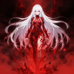 cell shaded, anime!!!, anime full body render, very extreme intricate details, girl dissolving in a red mist with purple eyes and very + long white hair by rossdraws and sana takeda, dramatic lighting