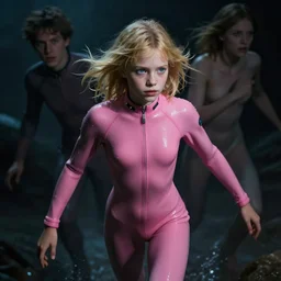 a photorealistic dramatic fantasy render of a young girl with blonde hair and blue eyes, in pink wet suit, by wlop, artgerm, greg rutkowski, alphonse mucha, beautiful dynamic dramatic dark moody lighting, shadows, cinematic atmosphere, artstation, concept design art, octane render, 8 k