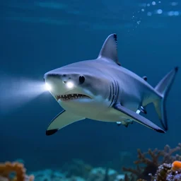 action photo of robot shark emitting an neon light from its eyes, from nature journal, 1 / 1 0 0 0 sec shutter, action photo