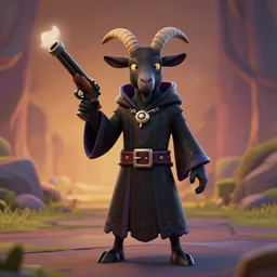 an anthropomorphic black goat wizard in fortnite, black wizard robes, holding a gun