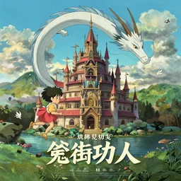 the flim poster of a magical palace around mountains and river, a white dragon spirit flying in the sky, miyazaki's animated film, ghibli studio, spirited away, princess mononoke, 4 k, highly detailed,