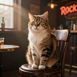 a digital art of a cat sits on a chair in a rock n roll bar in the afternoon, the sun shines in, animal, light effect, highly detailed, by anton fadeev