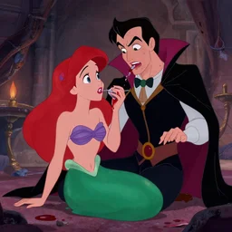 Ariel from the little mermaid as a vampire drinking prince Eric's blood, Disney cartoon, gritty