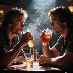 film still of ivan drago and rocky balboa drinking in bar, focus on faces, dramatic lighting, octane, mist, steve mccurry, volumetric lighting, 8 k