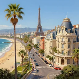 the beautiful city of paris rebuilt next to the ocean in sunny california, amazing weather, beach view, palm trees, splendid haussmann architecture, wonderful eiffel tower, digital painting, highly detailed, intricate, concept art, matte painting, trending on artstation, art by greg rutkwowski, artgerm, wlop, painting by canaletto