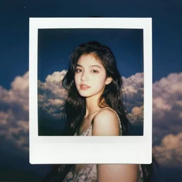 a polaroid portrait of a beautiful young woman at night, detailed clouds, stars are visible in the sky, heavy film grain, color bleed
