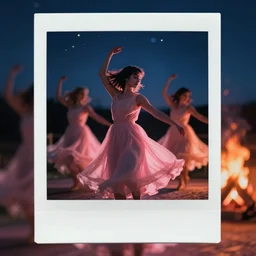 blured shadows of dancing young women on pink light, focused background blue night sky with stars and orange campfire, polaroid photo