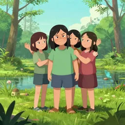 ugly four head girl with multiple arms and legs on beautiful swamp landscape