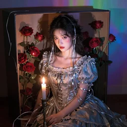 surreal - a beautiful woman of thin metallic ribbon dressed in victorian dress clothing ; candle light ; dark ; shadows ; box background ; metallic red roses ; surreal metallic silver wires and ribbons ; colorful background ; surreal - n 4