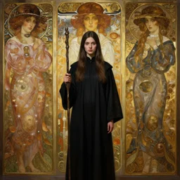 perfectly - centered - portrait of a girl wearing black robe holding stick, intricate, epic scale, rule of third, highly detailed, digital painting, artstation, concept art, sharp focus, illustration, oil painting, unreal engine 5, 8 k, art by artgerm and james jean and sam spratt and greg rutkowski and alphonse mucha