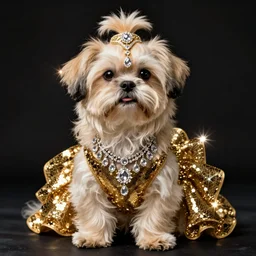 cream - colored havanese dog in a sexy gold sequined dress, wearing ostentatious diamond jewelry and an ornate golden headpiece, with lots of glittering light, dramatic pose, in the style of a dave lachapelle poster, sexy lighting, dark background, dramatic, private press