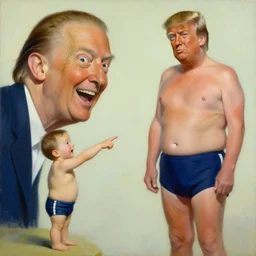 tiny person is laughing and pointing at donald trump in a swimsuit.. painting by salvador dali.