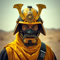 portrait old samurai hero, cyberpunk, vibrant yellow colors, surreal, french baroque style by alexander mcqueen, hyper detailed, realistic cinematic, voigtlander photography, leica 1 9 3 0 s, with background from star wars movie desert