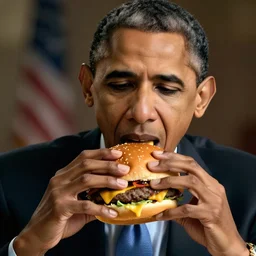 Barack Obama eating a cheeseburger, photo realistic, award-winning, highly-detailed, epic, cinematic, dramatic