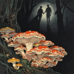 lost and happy souls, by hasui kawase, by gediminas pranckevicius, by james gilleard, dark shadows, woodblock, split - complementary - colors, tremella - mesenterica, mycena acicula, discovering enlightenment