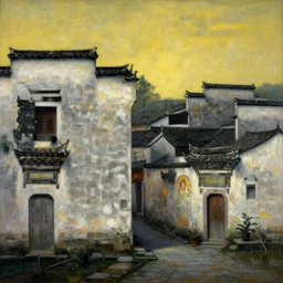 a painting of hongcun ancient village houses by alphonse mucha and caravaggio and aaron horkey, dramatic lighting, analogous complementary colour scheme