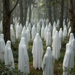 a highly detailed 4 k fantasy matte painting of people dressed in white sheets in the woods, zdzislaw beksinski, artstation, cgsociety, unreal engine