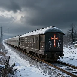 [ uaz 3 9 0 9 bukhanka with painted orthodox cross ] driving beside the syberian railroad, epic fantasy, winter, the elder scrolls v : skyrim, dramatic lighting, establishing shot, by simon stalenhag