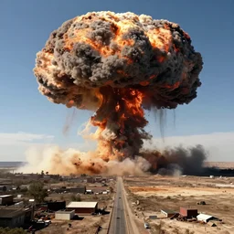 nuclear explosion, mushroom cloud in the distance, shockwave rips across the land, cinematic