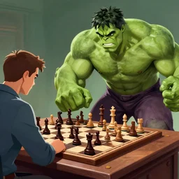 hulk playing chess against a human, digital art