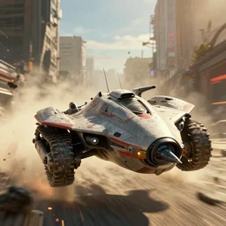 macro closeup photo of combat tesla hover jumpjet tank being chased in a post apocalyptic fallout 4 overgrown city, 3 pm, smoke, dust, embers, mad max, action, speed, rocket league, volumetric lighting, hdr, need for speed, gta 5, ridley scott, syd mead, craig mullins, cinematic, blade runner, octane